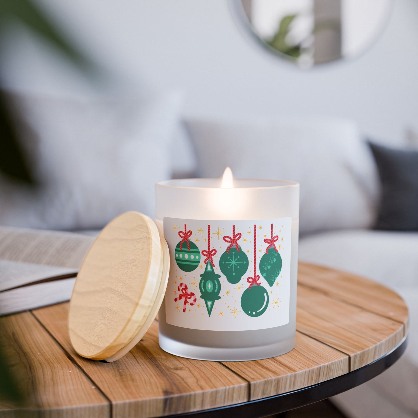 Frosted Glass Candle — Green Ornaments Christmas Scented Candle (11 oz)